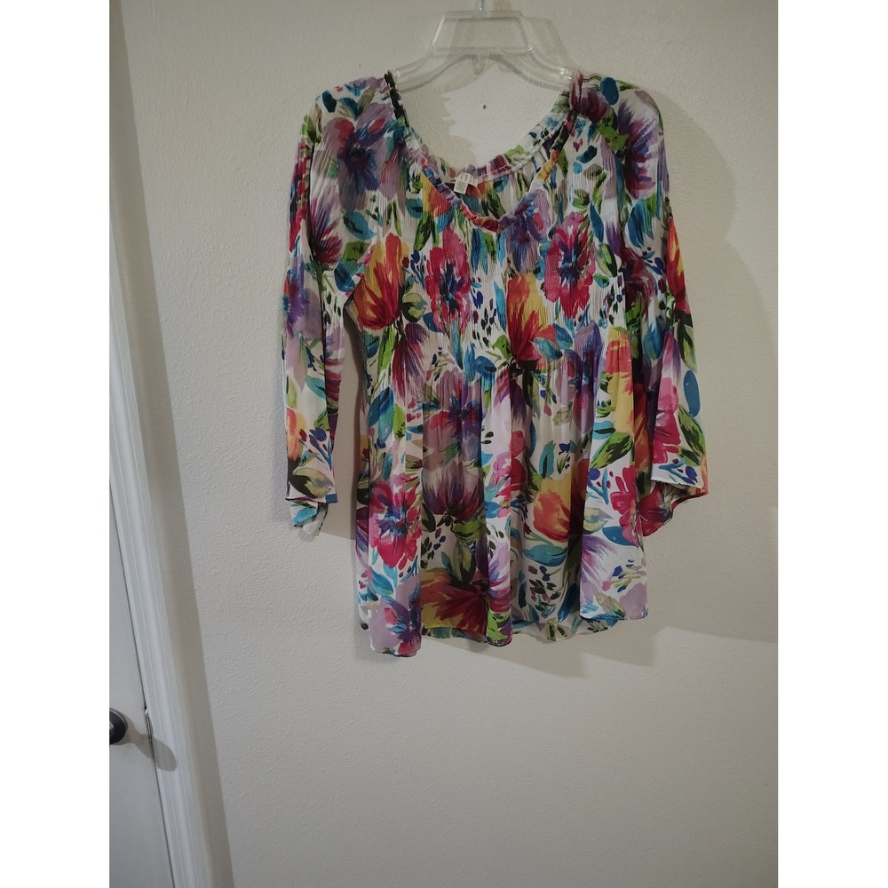 Spense‎ Floral Plisse Tunic Top Womens Medium Multicolor Smocked Empire Blouse